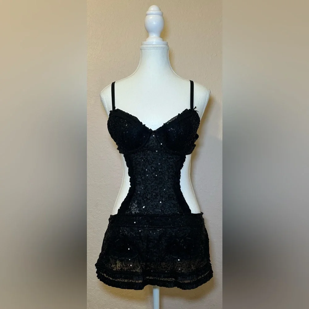 Victoria’s Secret Sexy Little Things Black‎ Sequin Lace Maid Lingerie Set 34C 🖤